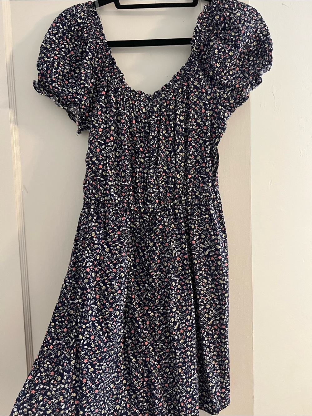 As U Wish Navy Floral Smocked Puff-Sleeve Dress